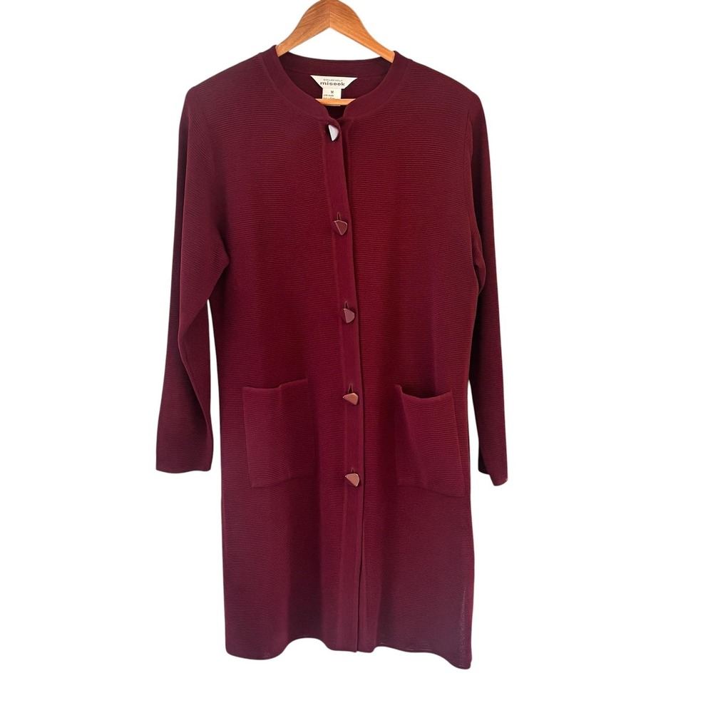 Misook Knit Cardigan Sweater Womens M Red Longline Pocket Duster Minimalist